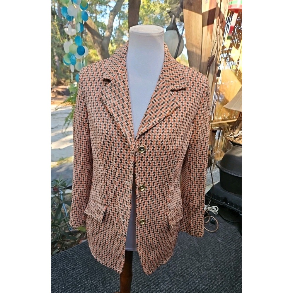 VTG 70s Wool Shirt‎ Jacket CHUNKY HOUNDSTOOTH Wide Lapel Blevle Hooper Med Sz 12